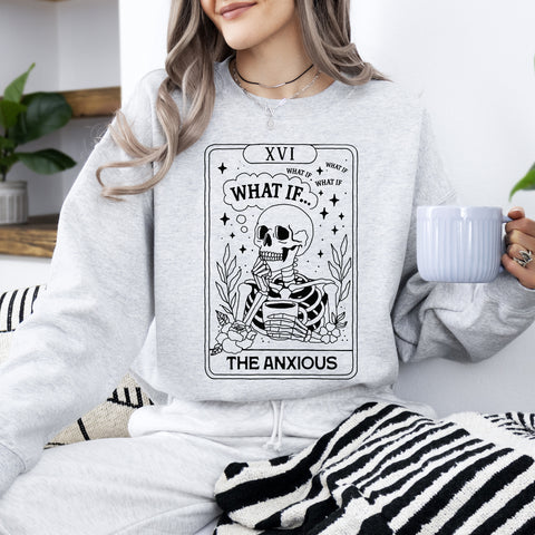 What If, The Anxious, Skeleton, Funny, Tarot Card, Ghost, Halloween, Western, Vintage, Pumpkin, Retro, Spooky, Costume, Fall, Graphic Sweatshirt