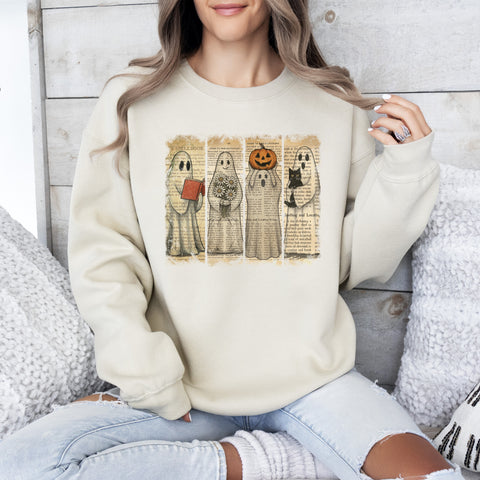 Vintage Newspaper Ghost, Halloween, Book, Cat, Western, Pumpkin, Retro, Spooky, Costume, Fall, Graphic Sweatshirt