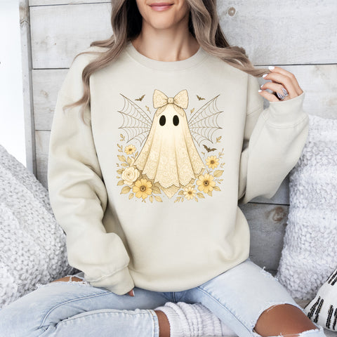 Vintage Ghost, Lace, Floral, Spider Web, Halloween, Pumpkin, Retro, Spooky, Costume, Fall, Graphic Sweatshirt