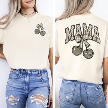 Mama, Camo Checkered, Cherries, Hunting, Camouflage, Love, Retro, Front and Back, Comfort Colors T-Shirt