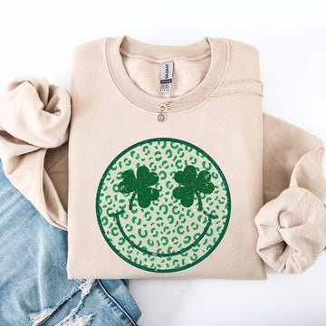Leopard Print Smiley, Retro, St Patrick's Day, Shamrock, Clover, Lucky, Leprechaun Sweatshirt