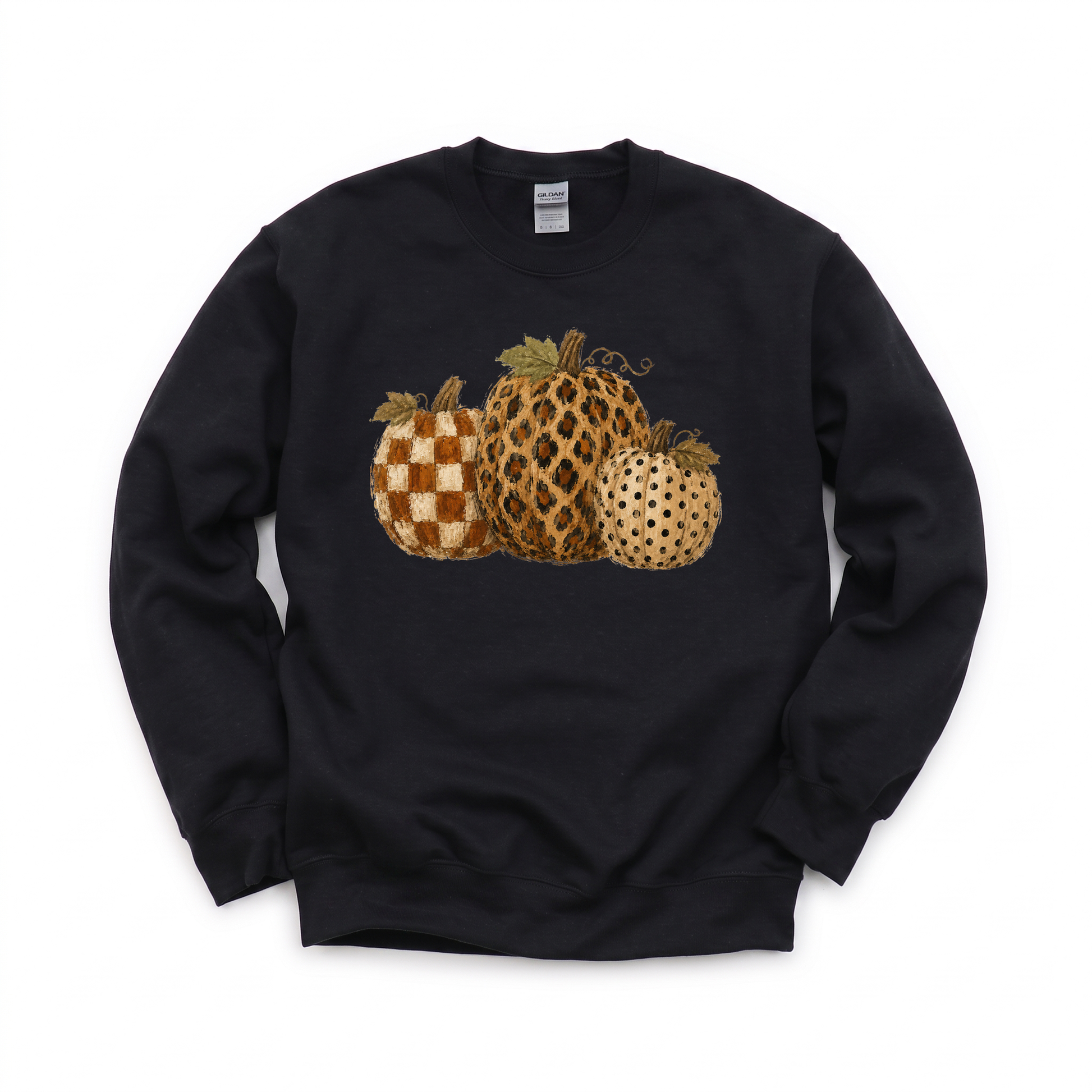 Leopard Polka Dot Pumpkins graphic on Gildan 18000 in Black