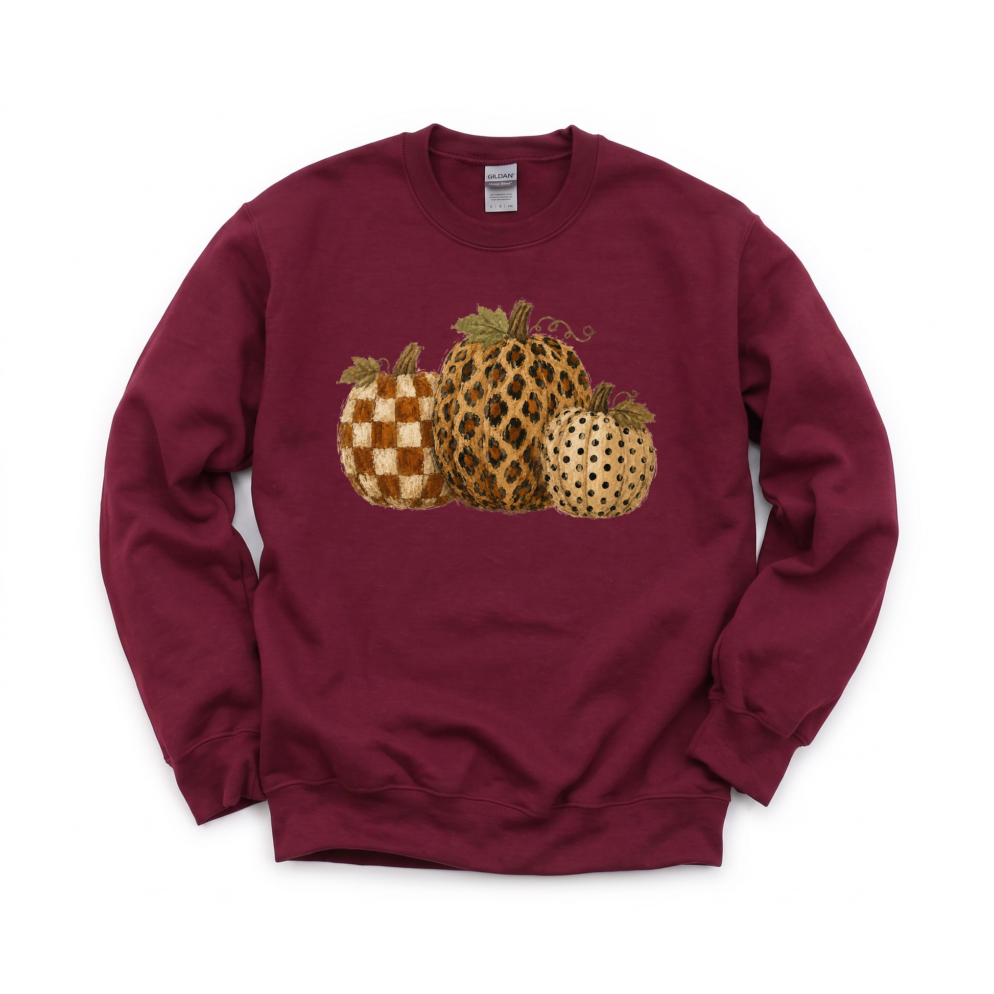 Leopard Polka Dot Pumpkins graphic on Gildan 18000 in Maroon