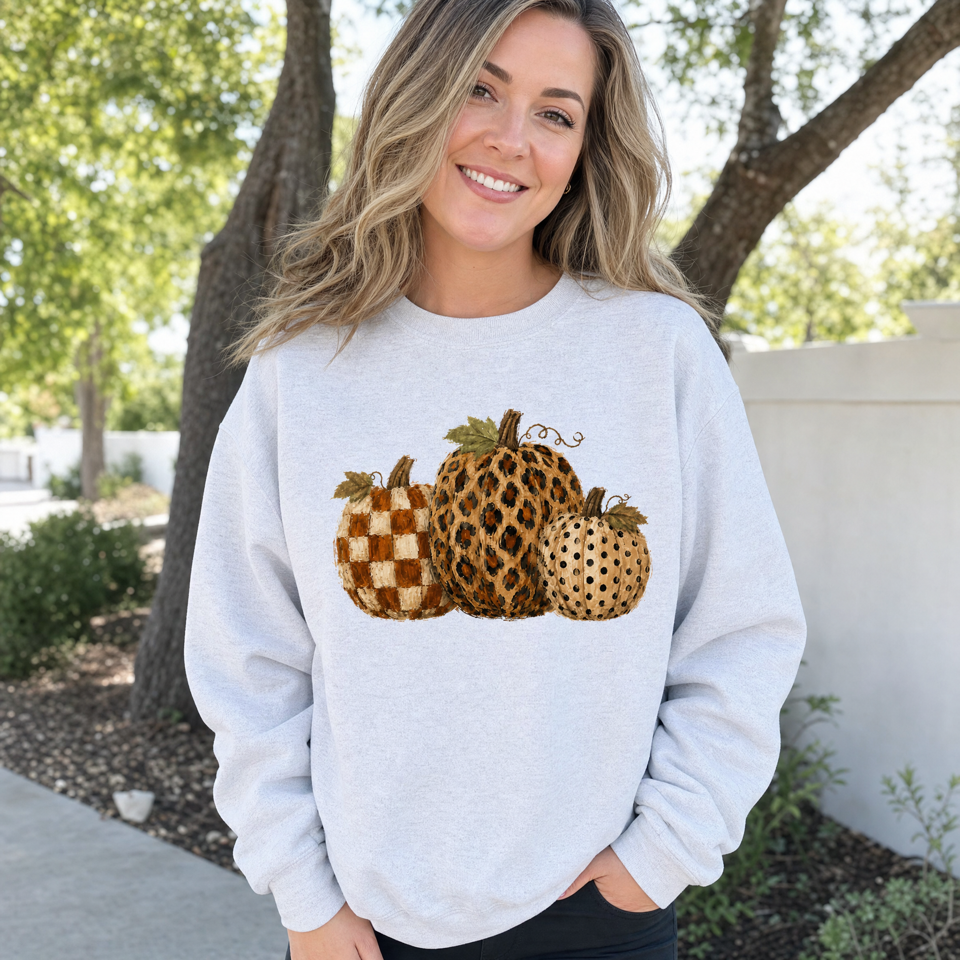 Model wearing the Leopard Polka Dot Pumpkins sweatshirt in Ash