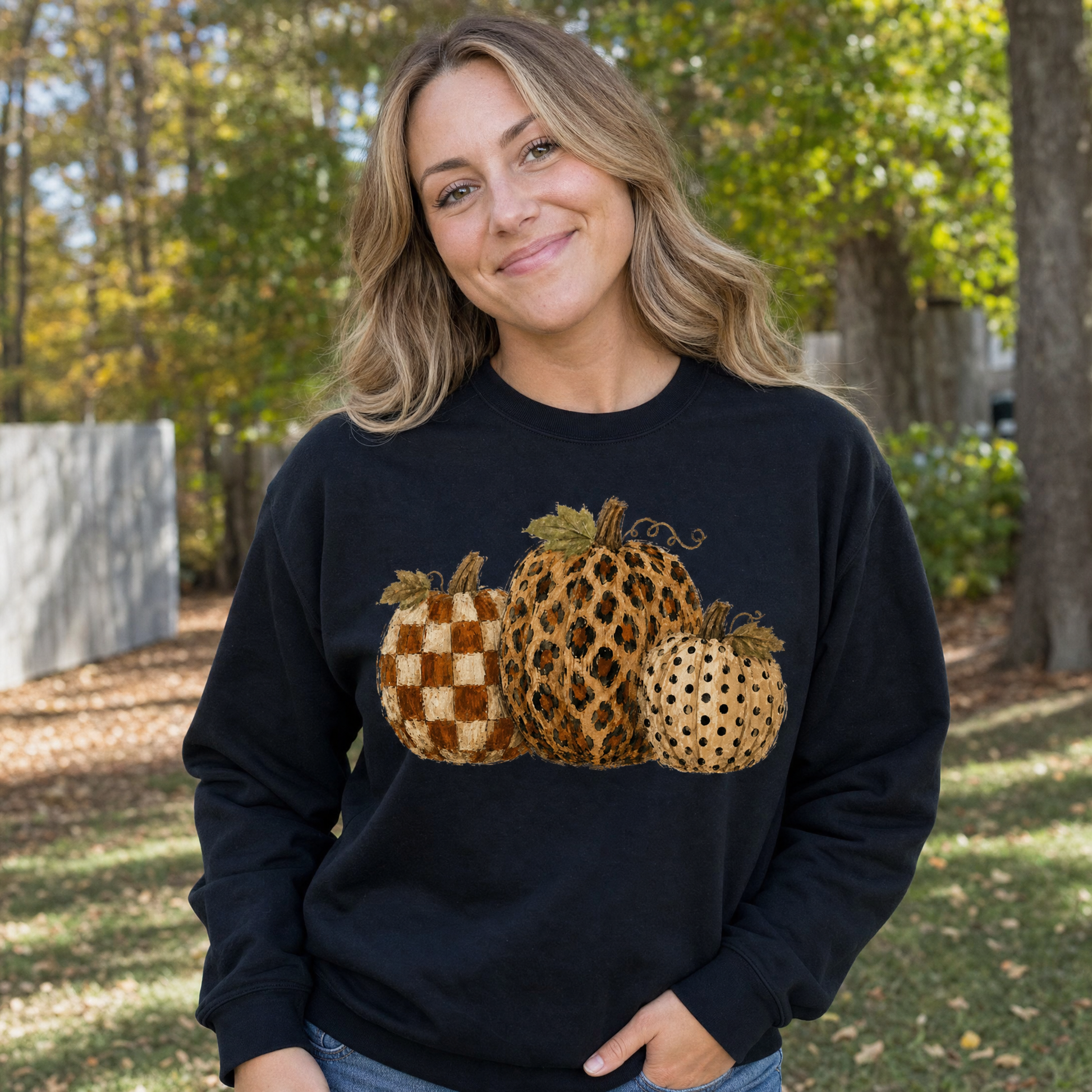 Model wearing the Leopard Polka Dot Pumpkins sweatshirt in Black