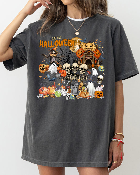 Long Live Halloween, Spooky Scene, Witch, Skeleton, Ghost, Haunted Shirt