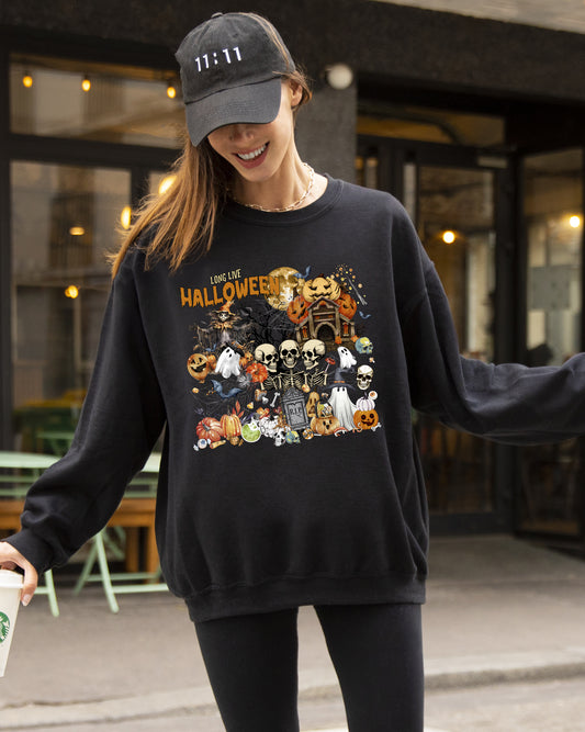 Long Live Halloween, Spooky Scene, Witch, Skeleton, Ghost, Haunted Sweatshirt