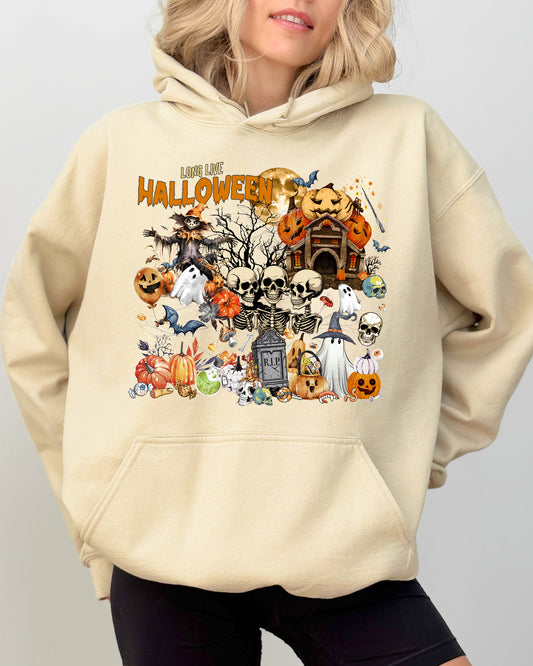 Long Live Halloween, Spooky Scene, Witch, Skeleton, Ghost, Haunted Hooded Sweatshirt