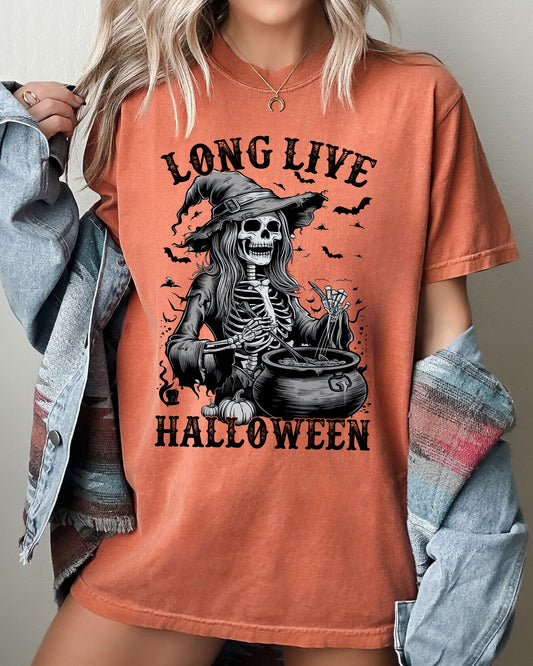 Long Live Halloween, Witch Skeleton, Bats, Spooky, Zombie Shirt