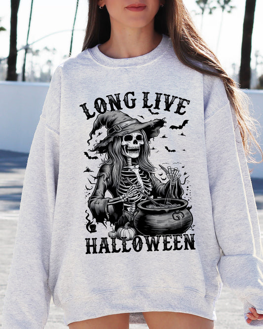 Long Live Halloween, Witch Skeleton, Bats, Spooky, Zombie Sweatshirt