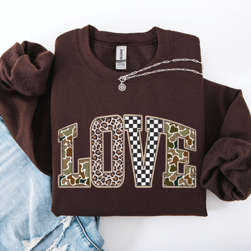 Love, Checkered, Camo, Leopard Print, Retro Valentine's Day, Varsity Sweatshirt