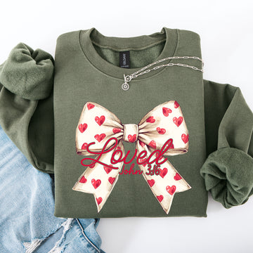 Loved, John 3 16, Valentine's Day, Cream, Love, Bow, Ribbon, Hearts, Christian, Faith Sweatshirt