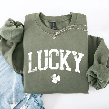 Lucky, Collegiate, Varsity, St Patrick's Day, Shamrock, Clover, Lucky, Leprechaun Sweatshirt