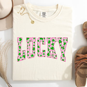 Lucky, Collegiate, Varsity, Vintage, St Patrick's Day, Shamrock, Clover, Lucky, Leprechaun Tshirt Comfort Colors T-Shirt