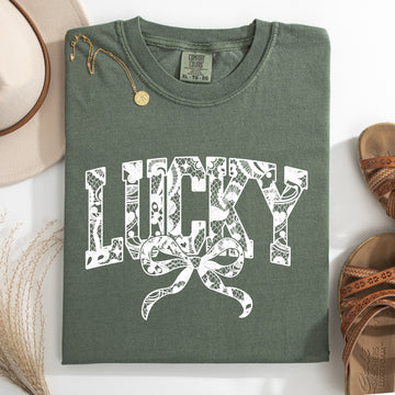 Lucky, Lace, Coquette, Ribbon, St Patrick's Day, Shamrock, Clover, Lucky, Leprechaun Tshirt Comfort Colors T-Shirt