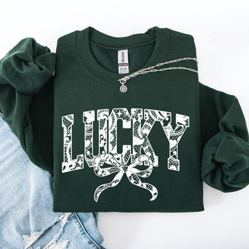 Lucky, Lace, Coquette, Ribbon, St Patrick's Day, Shamrock, Clover, Lucky, Leprechaun Sweatshirt