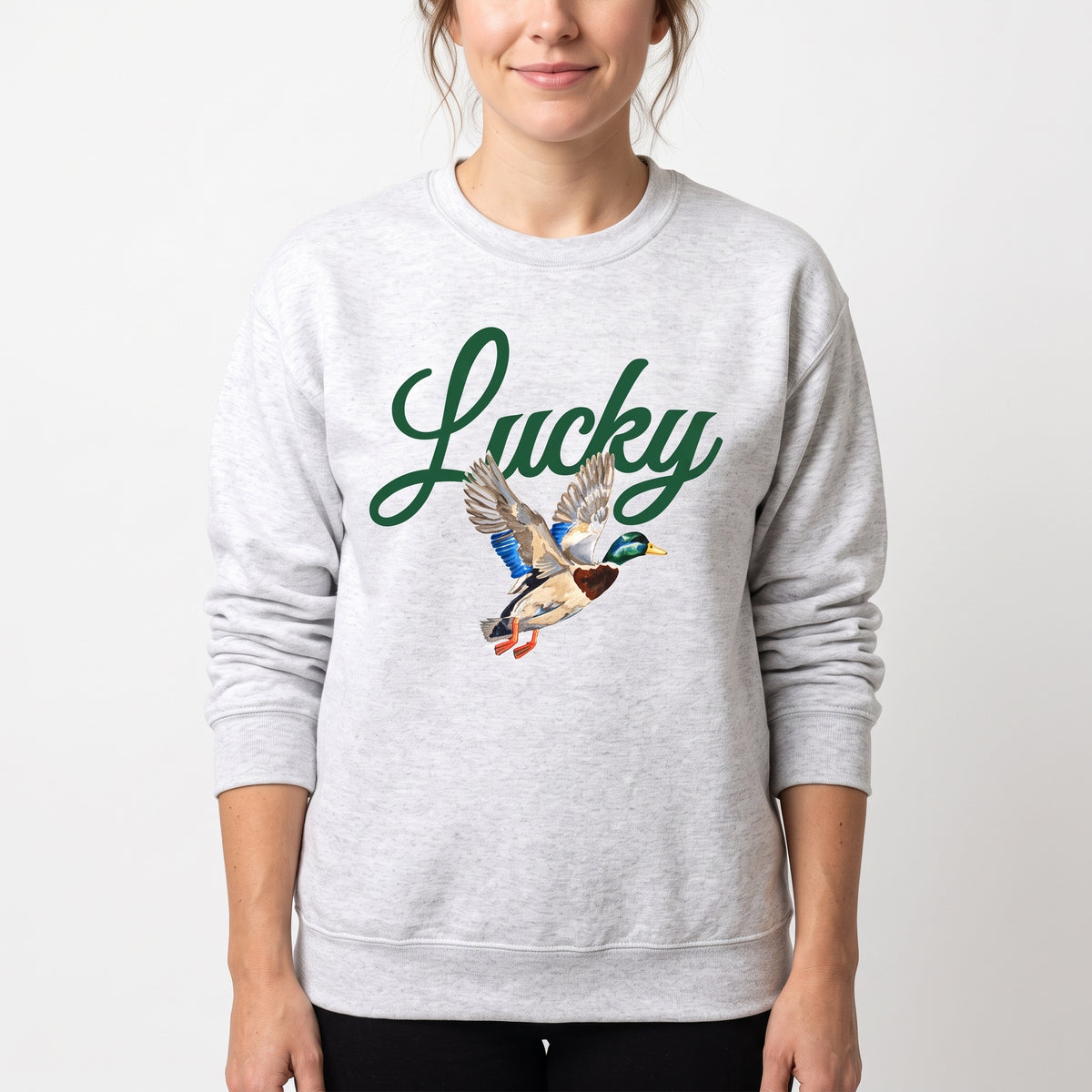 Model wearing the Lucky Mallard Duck sweatshirt in Ash, cover image 1