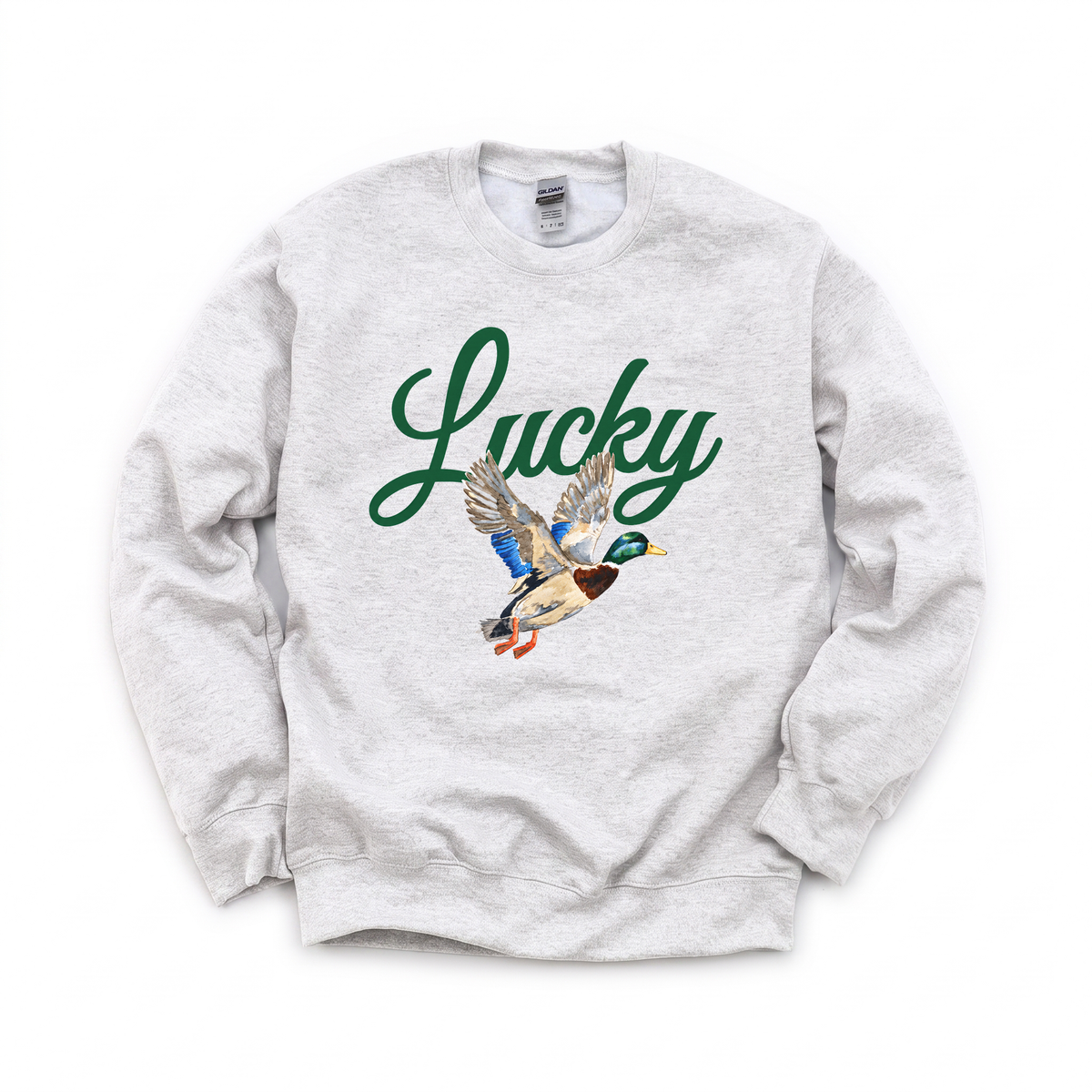 Lucky Mallard Duck graphic on Gildan 18000 in Ash
