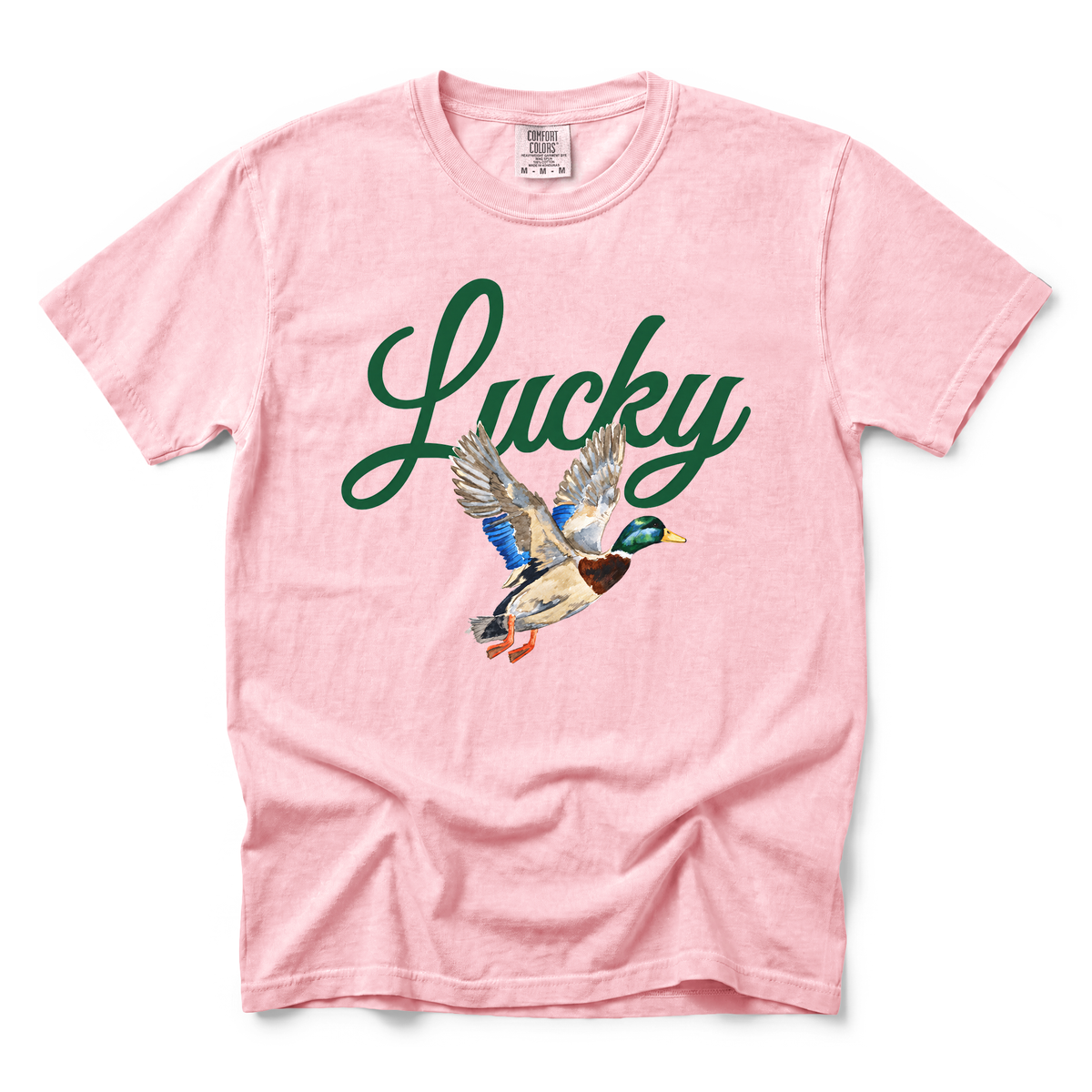 Lucky Mallard Duck graphic on Comfort Colors 1717 in Blossom