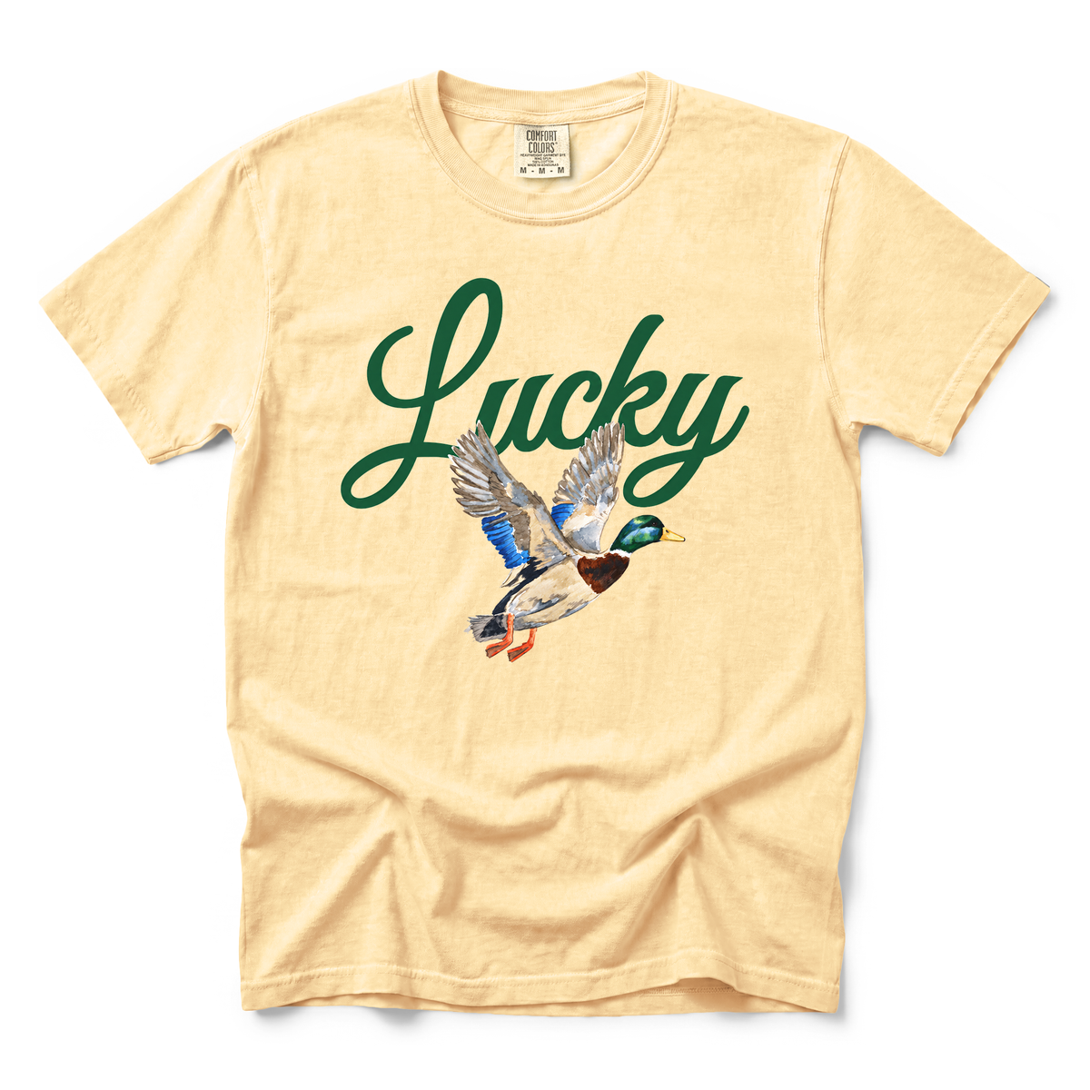 Lucky Mallard Duck graphic on Comfort Colors 1717 in Butter