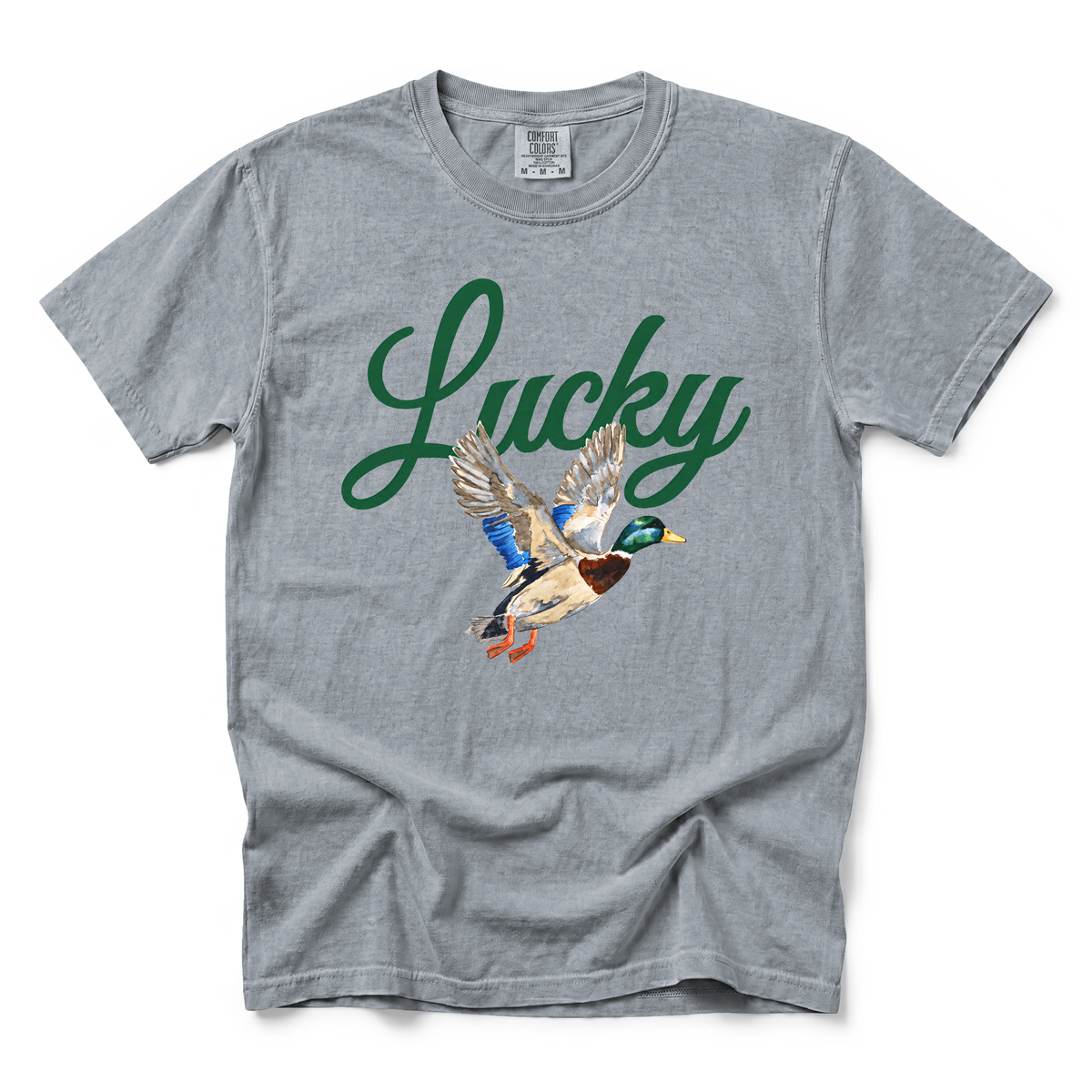 Lucky Mallard Duck graphic on Comfort Colors 1717 in Granite