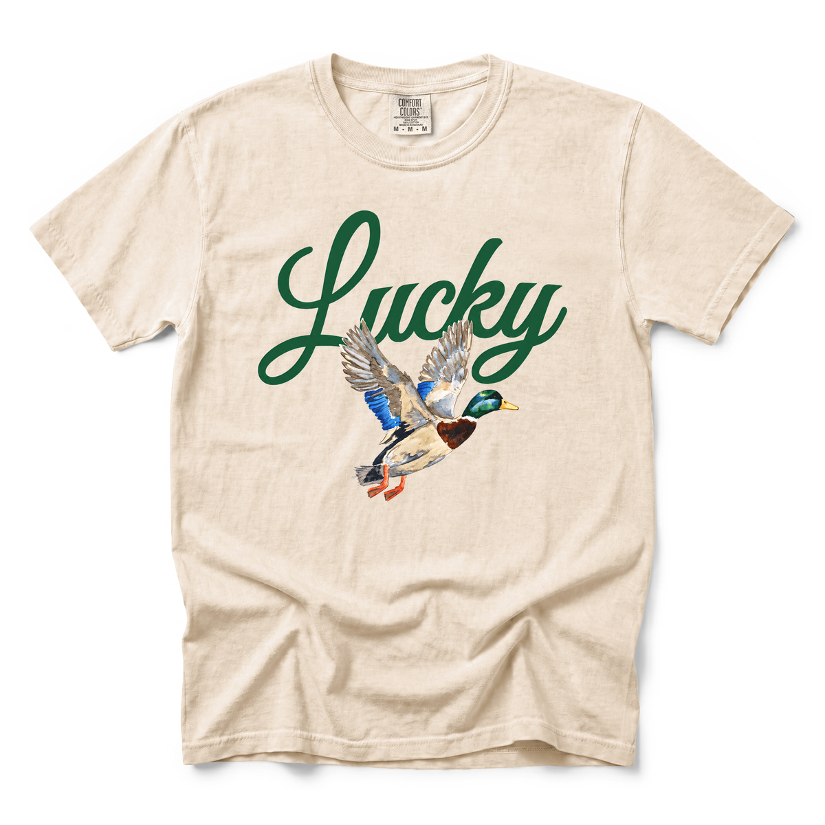 Lucky Mallard Duck graphic on Comfort Colors 1717 in Ivory