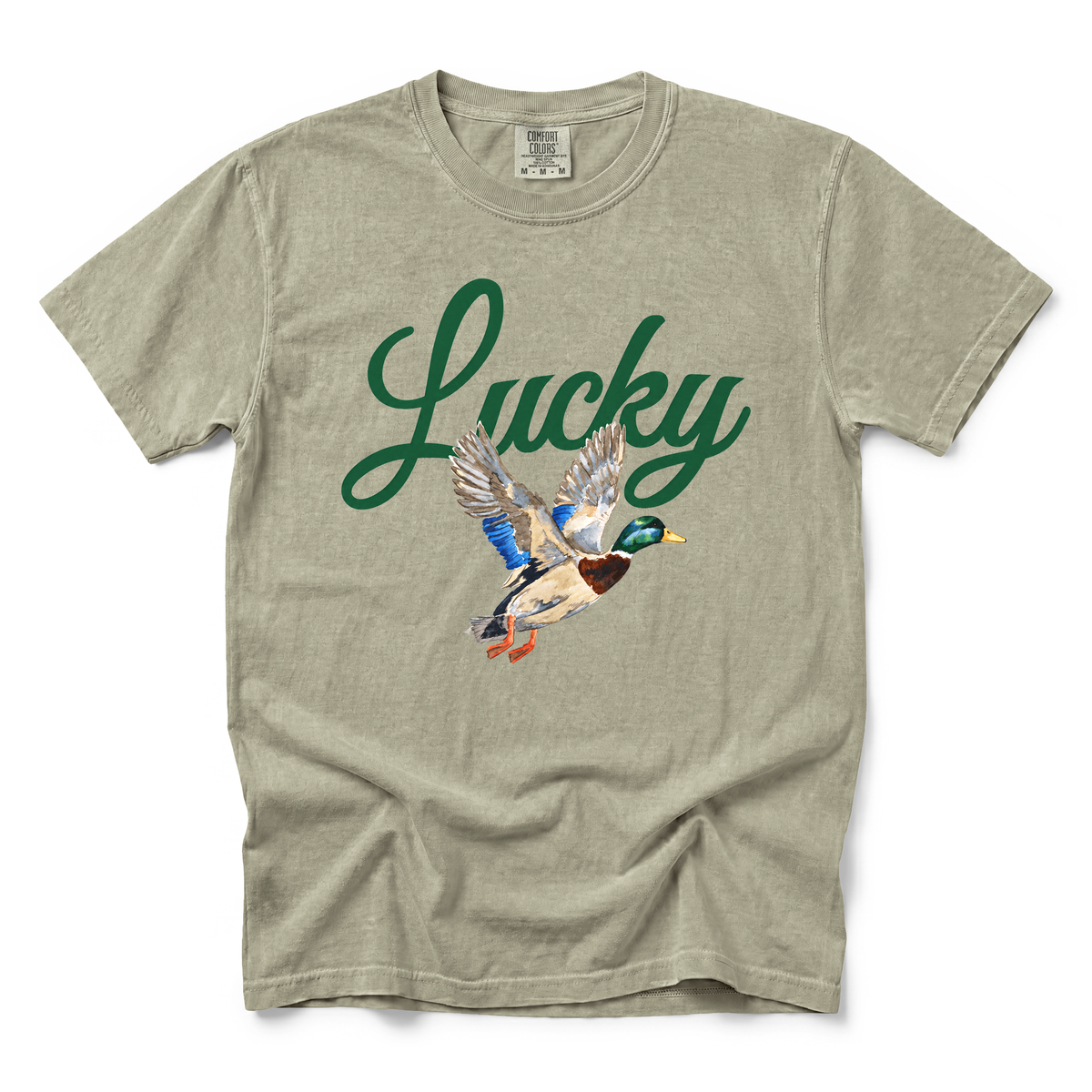 Lucky Mallard Duck graphic on Comfort Colors 1717 in Khaki