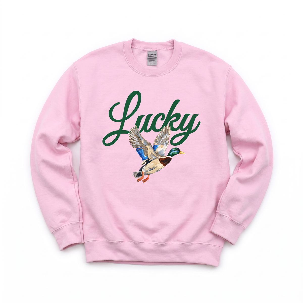 Lucky Mallard Duck graphic on Gildan 18000 in Light Pink