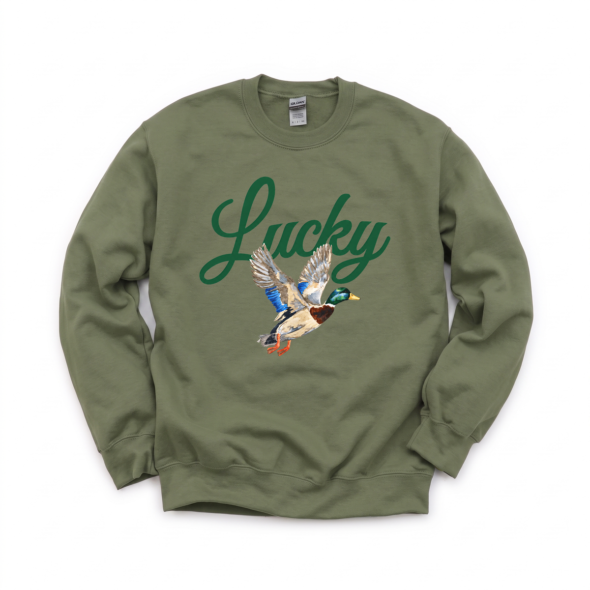 Lucky Mallard Duck graphic on Gildan 18000 in Military Green