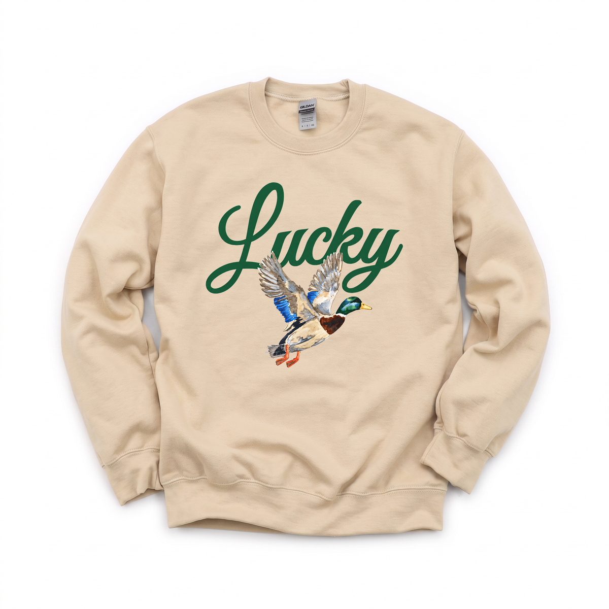 Lucky Mallard Duck graphic on Gildan 18000 in Sand