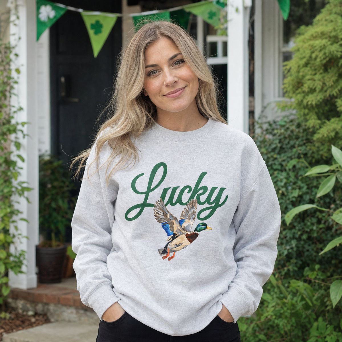 Model wearing the Lucky Mallard Duck sweatshirt in Ash, lifestyle image 1