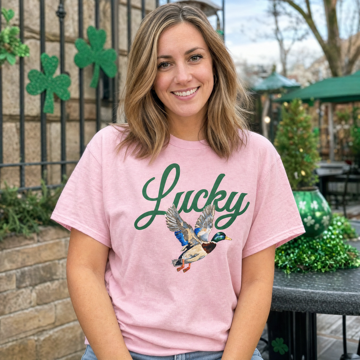 Model wearing the Lucky Mallard Duck comfort colors tee in Blossom