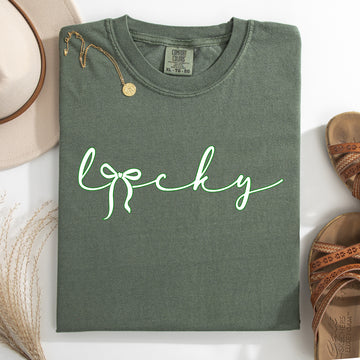 Lucky, Ribbon, Coquette, Bow, St Patrick's Day, Shamrock, Clover, Lucky, Leprechaun Tshirt Comfort Colors T-Shirt