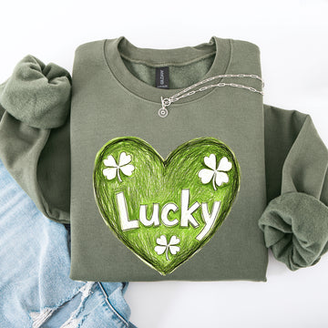 Lucky, Sketched Heart, St Patrick's Day, Shamrock, Clover, Lucky, Leprechaun Sweatshirt
