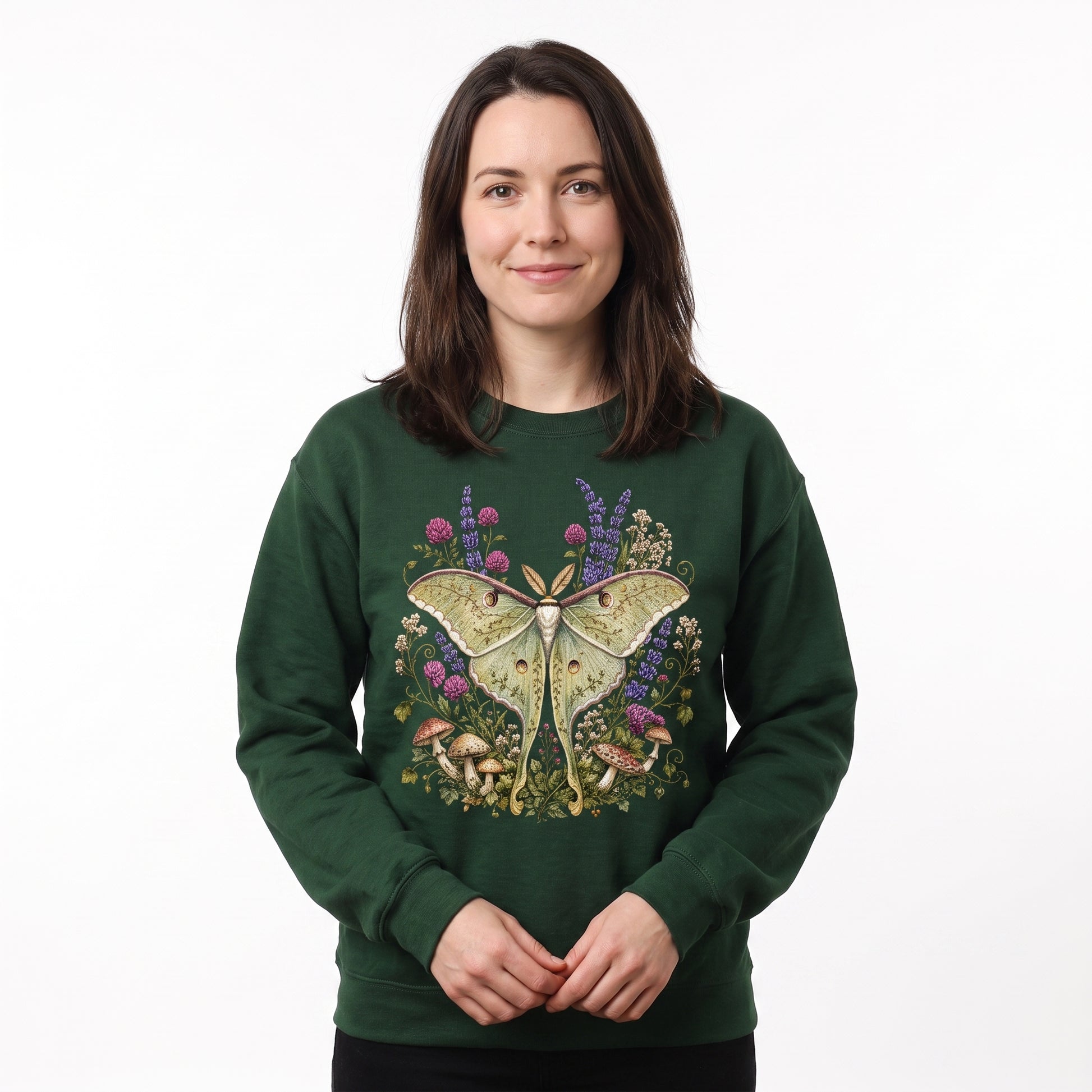 Model wearing the Luna Moth sweatshirt in Forest Green, cover image 1