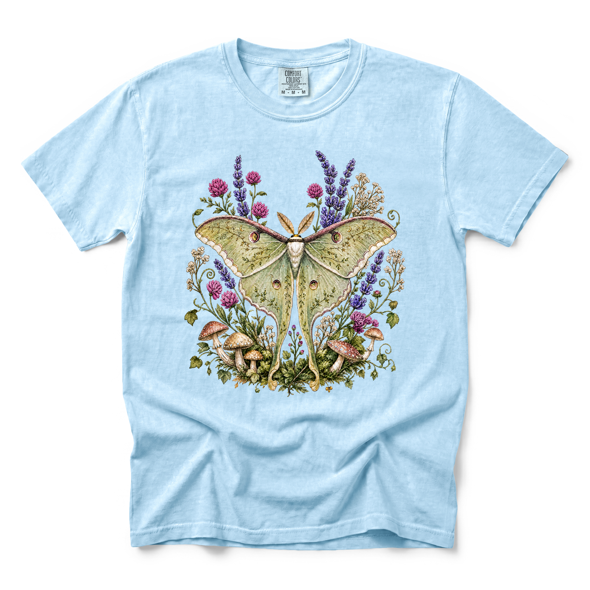 Luna Moth graphic on Comfort Colors 1717 in Chambray