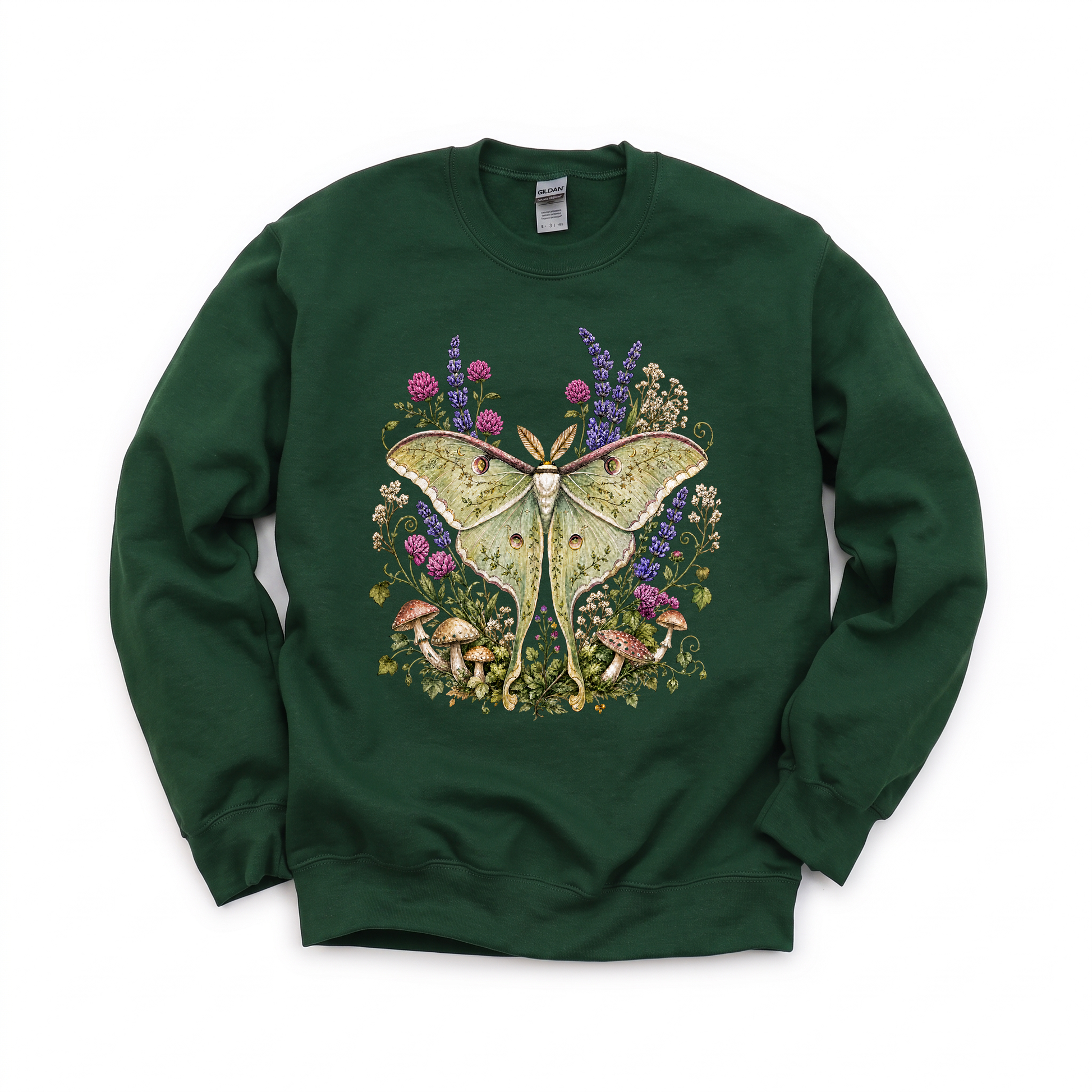Luna Moth graphic on Gildan 18000 in Forest Green