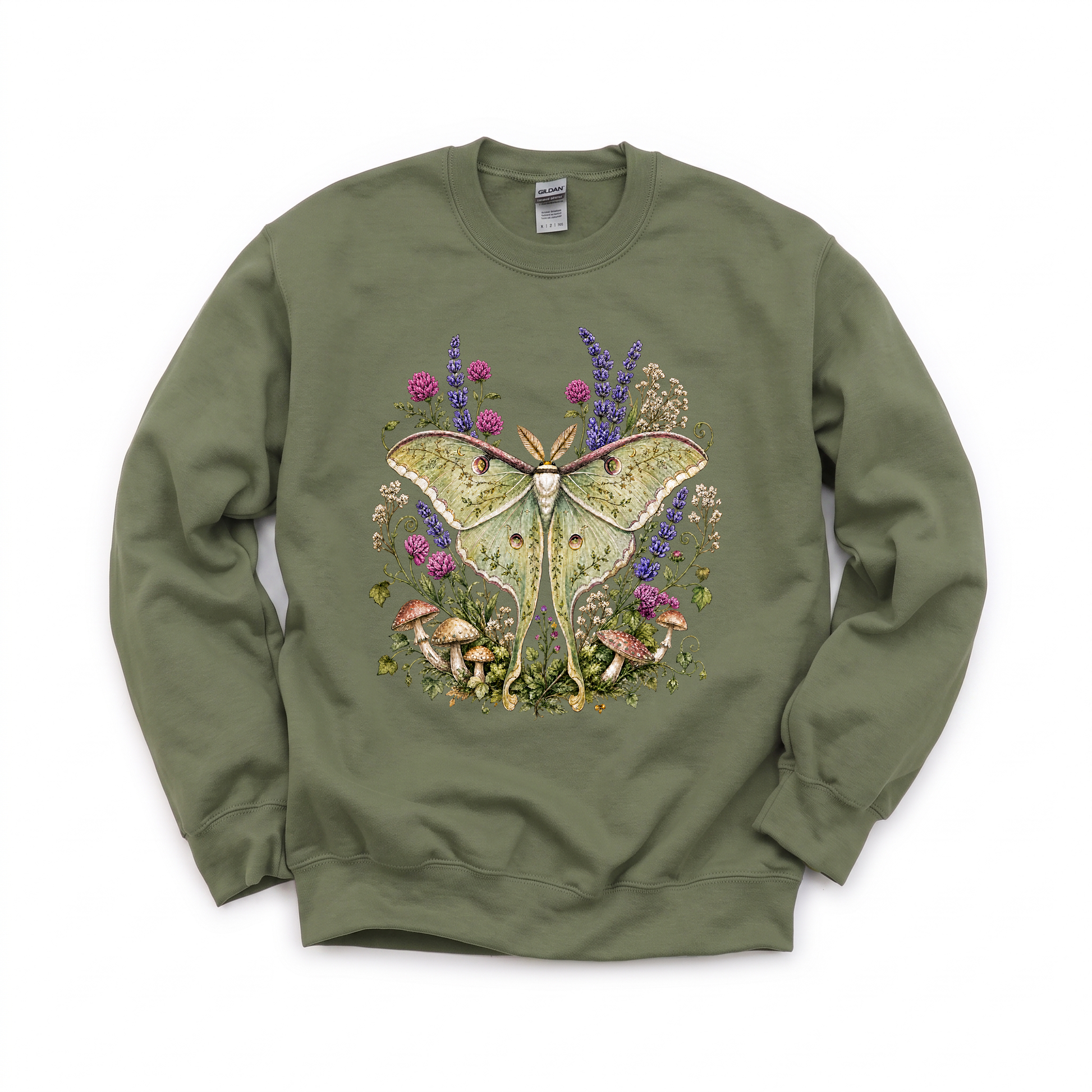 Luna Moth graphic on Gildan 18000 in Military Green