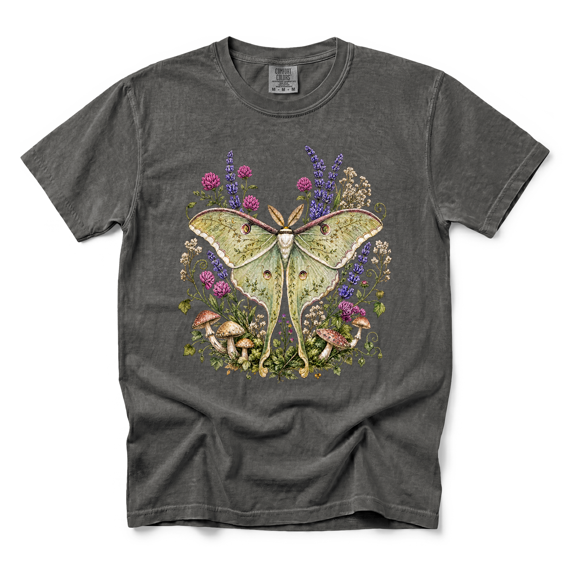 Luna Moth graphic on Comfort Colors 1717 in Pepper