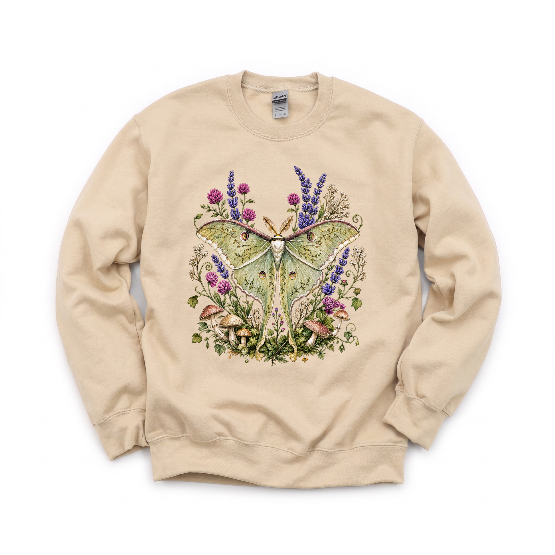 Luna Moth graphic on Gildan 18000 in Sand