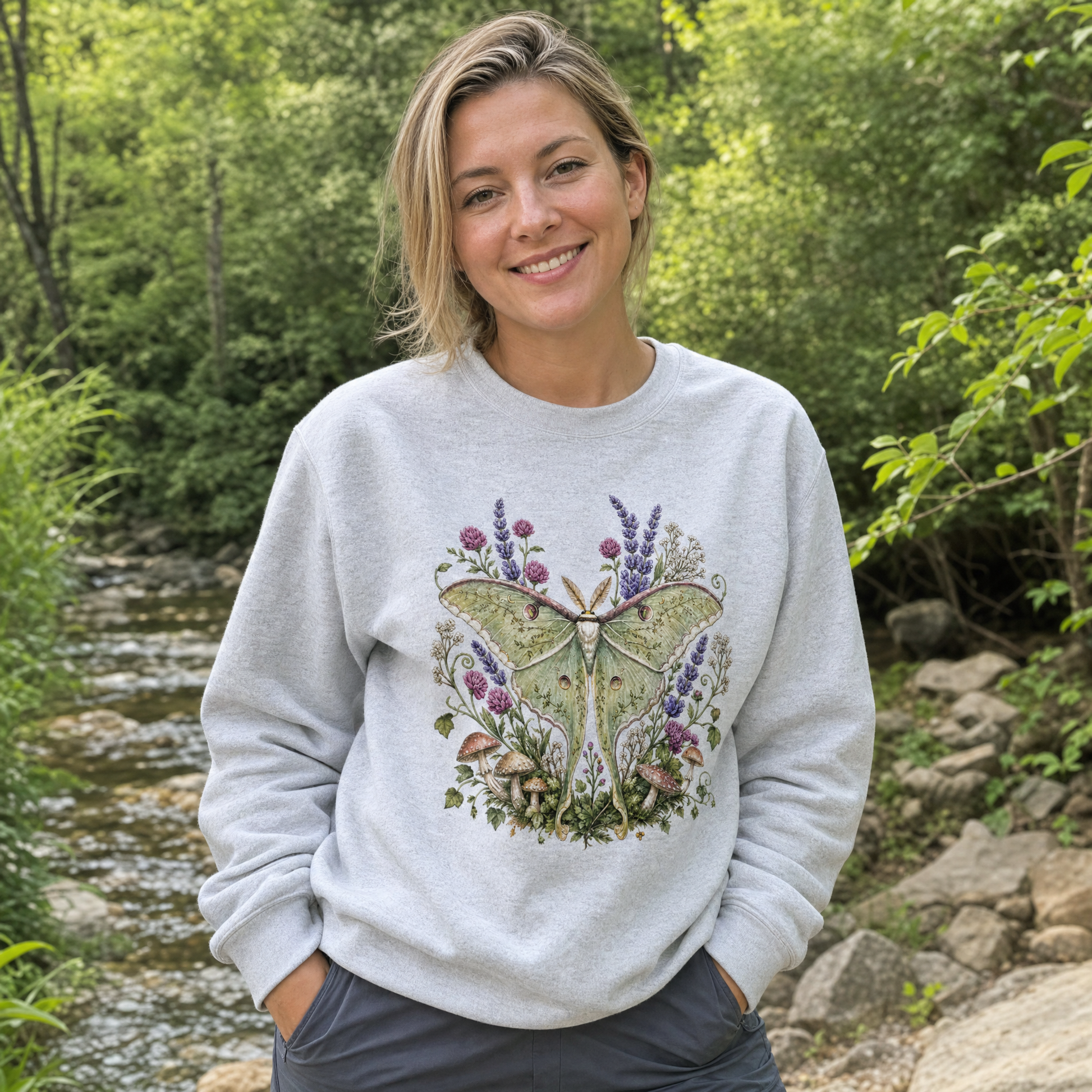 Model wearing the Luna Moth sweatshirt in Ash