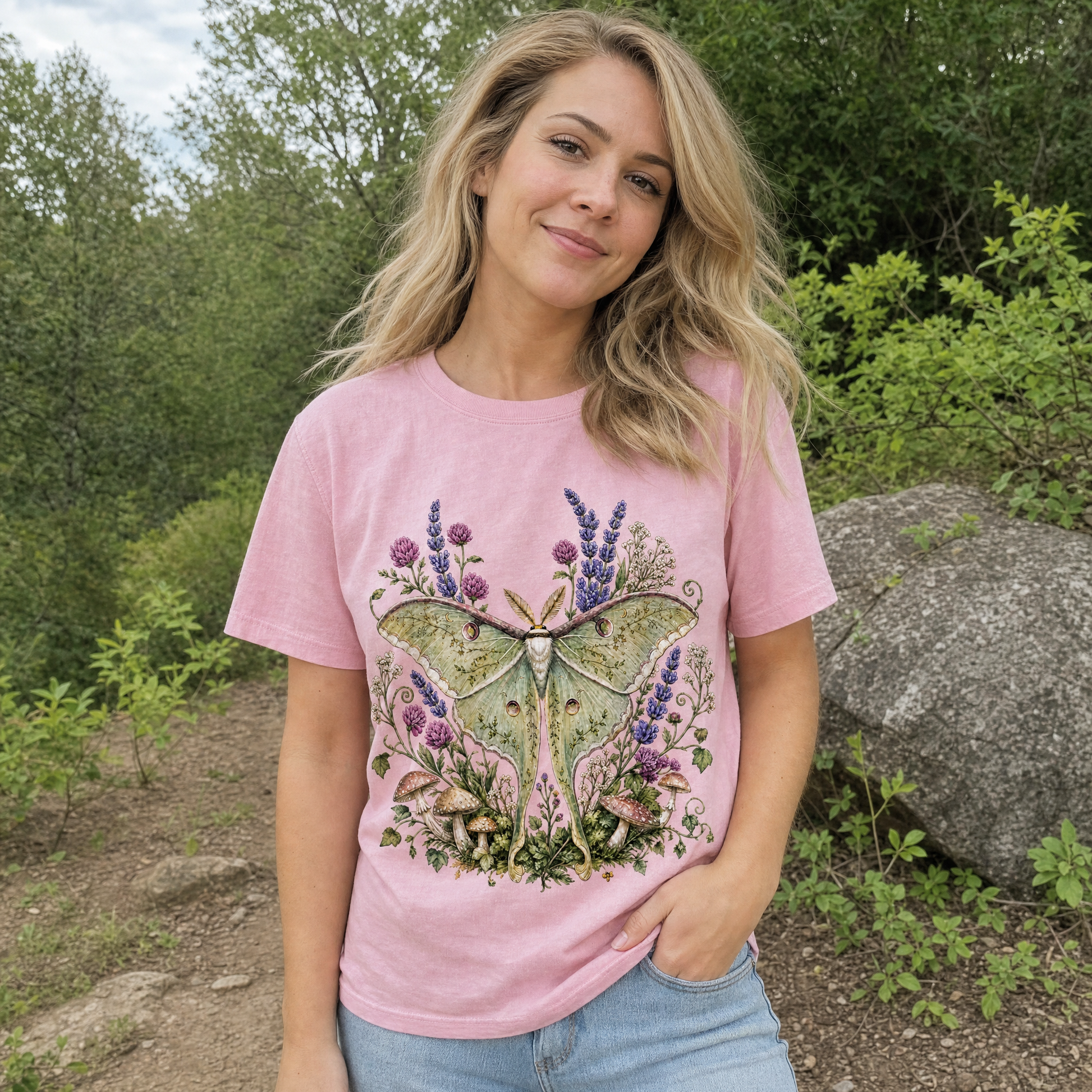 Model wearing the Luna Moth comfort colors tee in Blossom