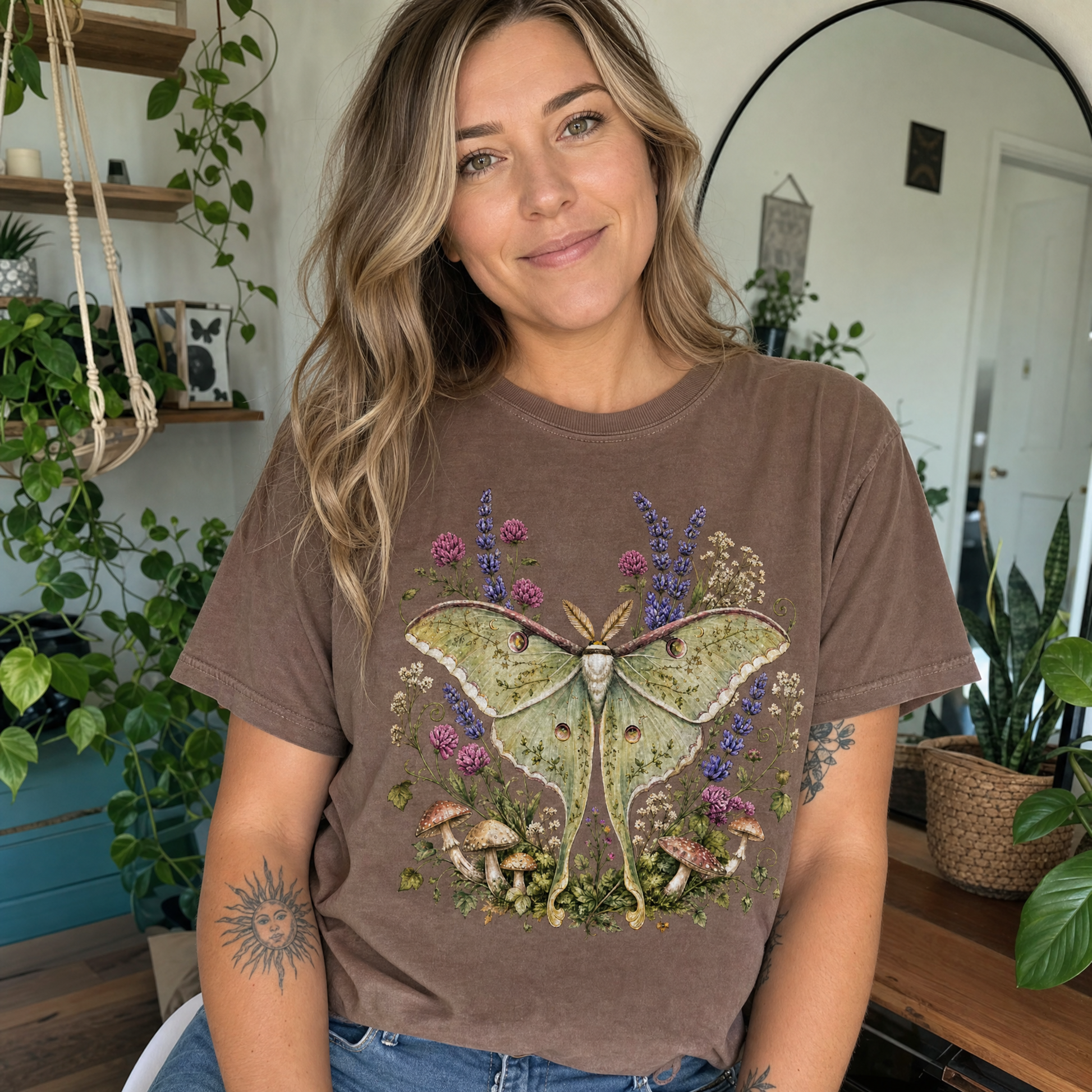 Model wearing the Luna Moth comfort colors tee in Espresso