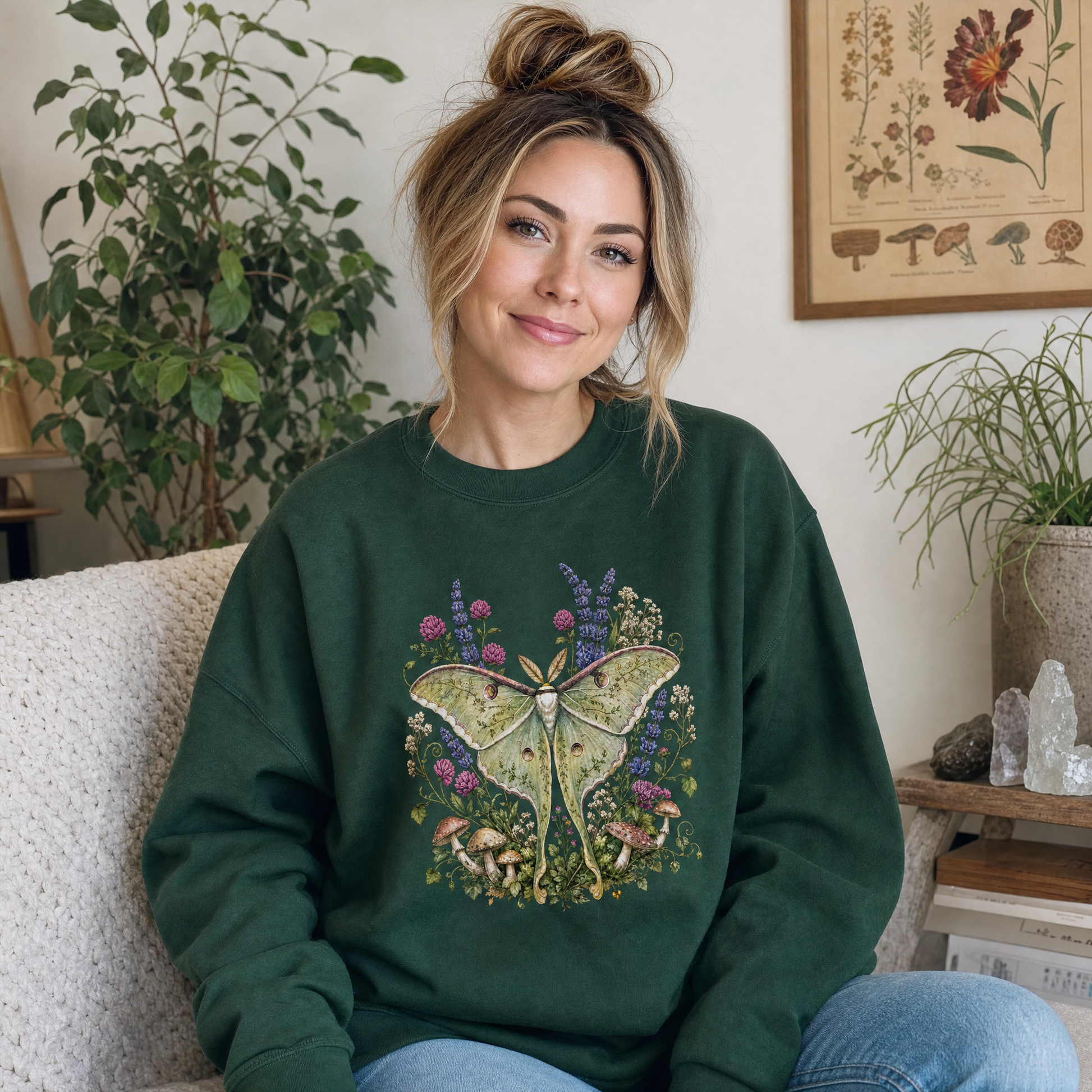 Model wearing the Luna Moth sweatshirt in Forest Green, lifestyle image 1