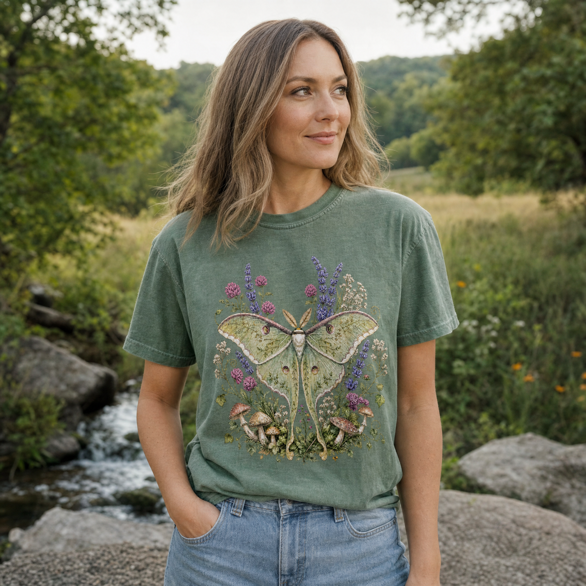 Model wearing the Luna Moth comfort colors tee in Hemp