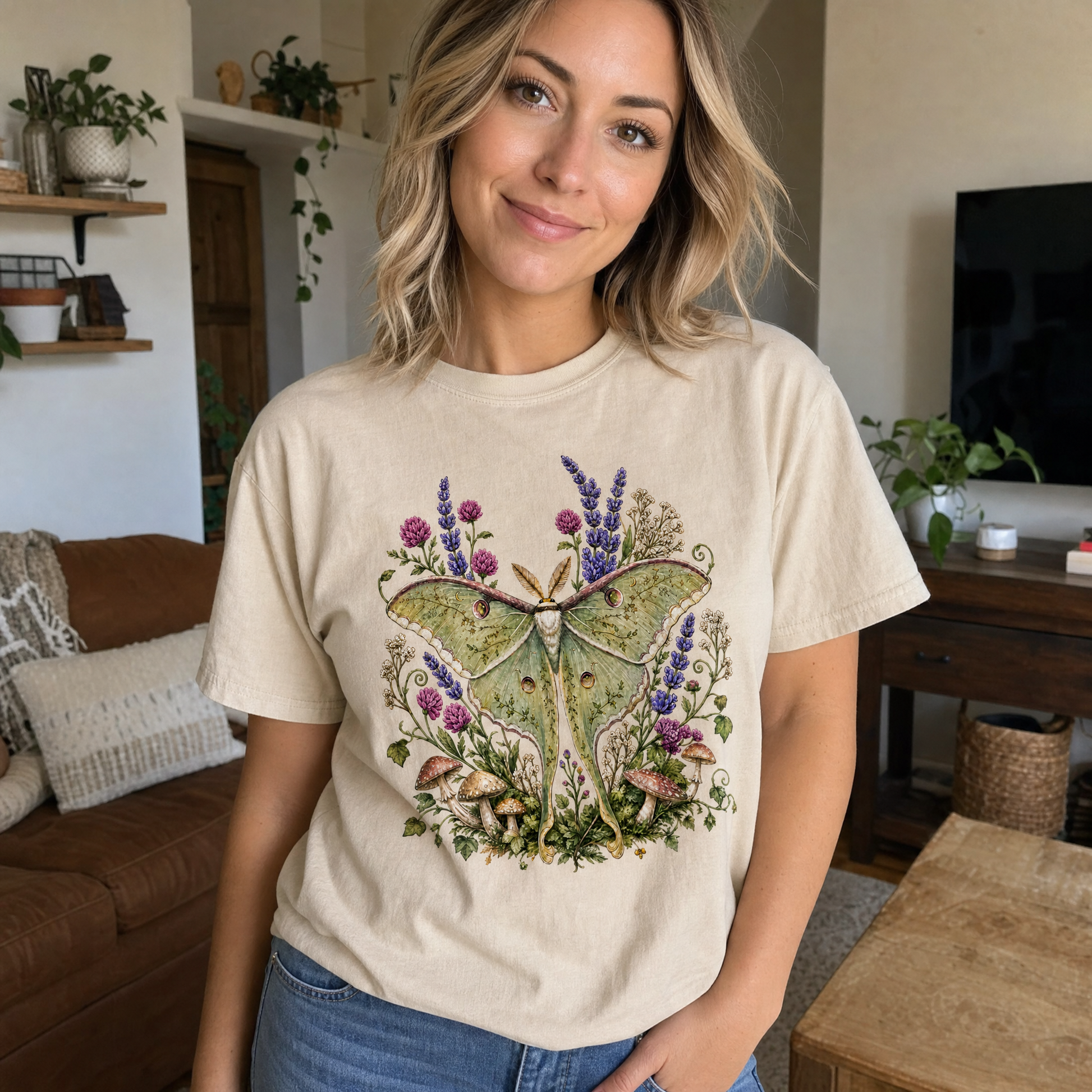 Model wearing the Luna Moth comfort colors tee in Ivory