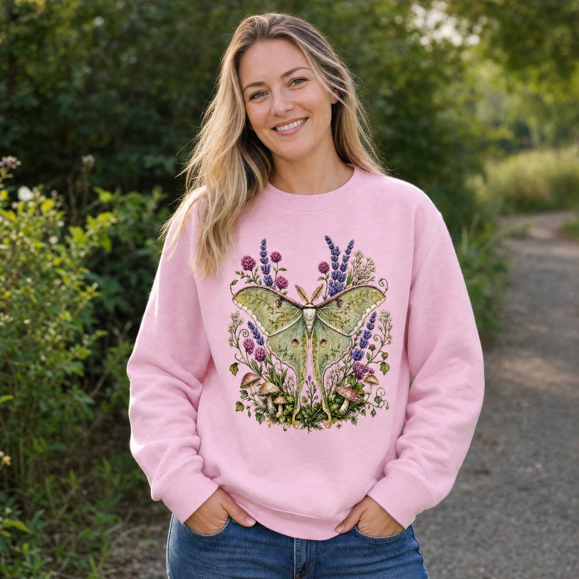 Model wearing the Luna Moth sweatshirt in Light Pink