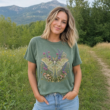 Model wearing the Luna Moth comfort colors tee in Moss, lifestyle image 1