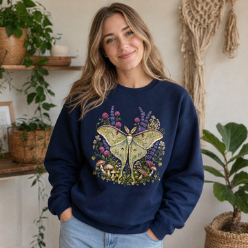 Model wearing the Luna Moth sweatshirt in Navy