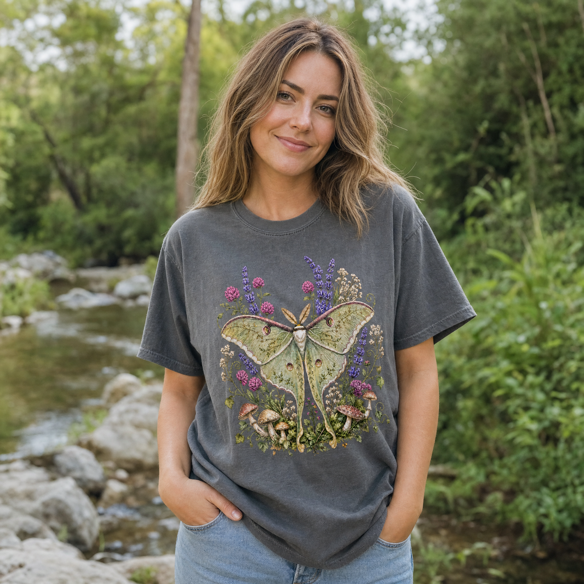 Model wearing the Luna Moth comfort colors tee in Pepper